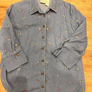Vintage Koret Women’s Medium Denim Floral Embroidered Oversized Shirt